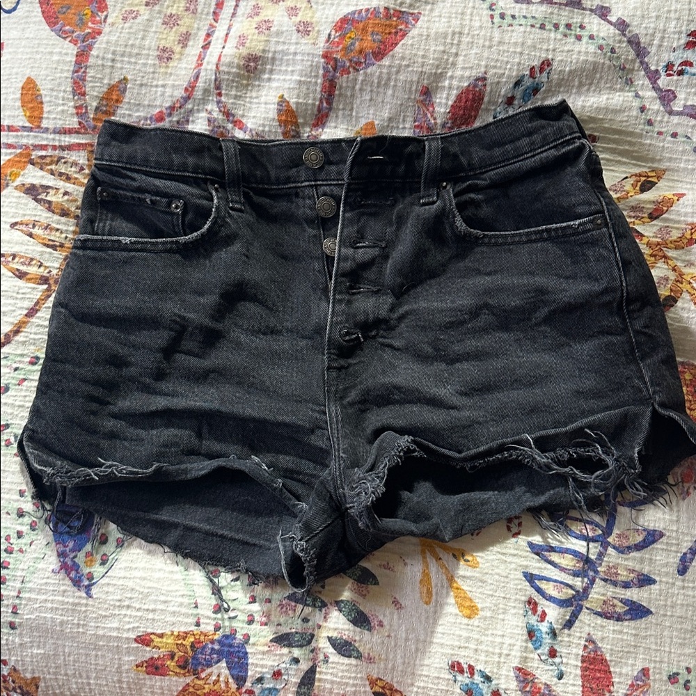 Abercrombie & Fitch Black High-Rise Distressed Denim Shorts